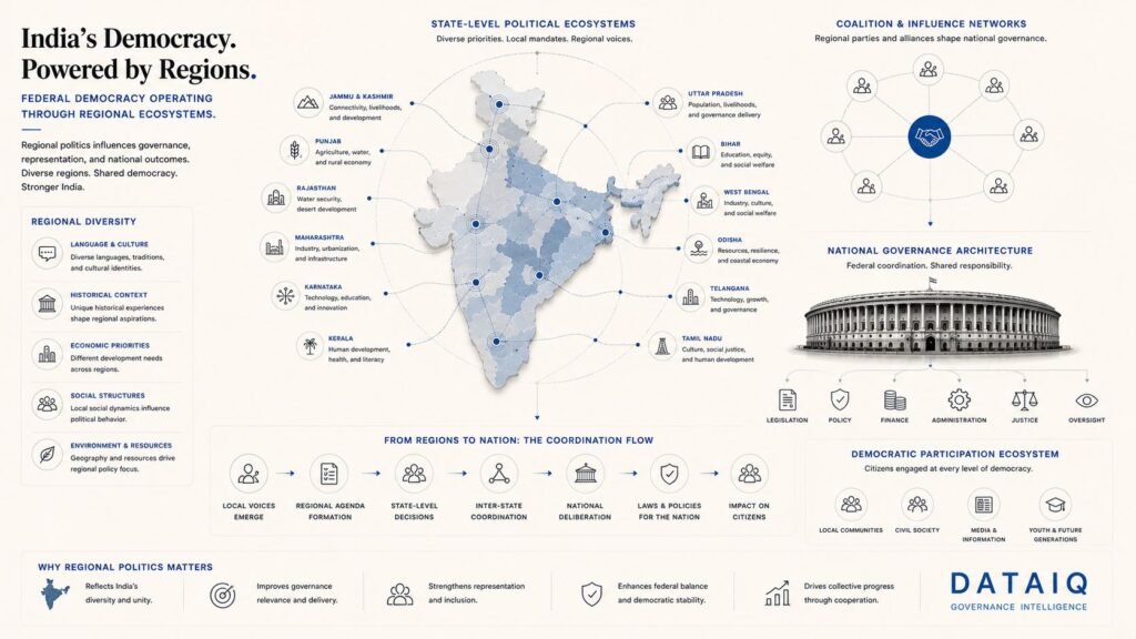 Editorial infographic visualizing India’s federal democracy through regional political ecosystems, coalition influence networks, parliamentary integration systems, governance pathways, and democratic participation architecture.