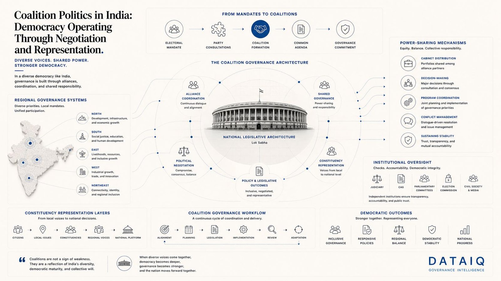 Editorial governance intelligence illustration visualizing coalition politics in India through alliance systems, governance coordination, regional representation, legislative negotiation, and democratic infrastructure.