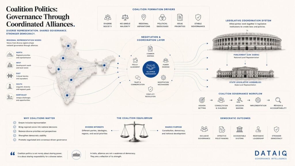 Editorial governance intelligence illustration visualizing coalition politics in India through alliance systems, regional representation nodes, legislative coordination, democratic negotiation, governance workflows, and institutional parliamentary architecture.