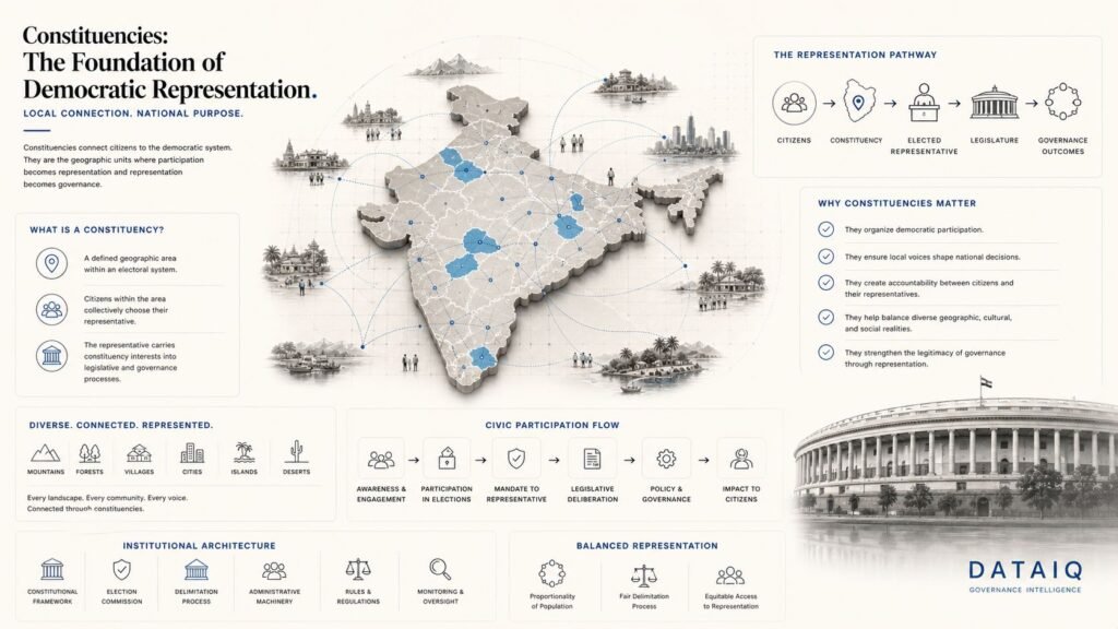 Editorial governance intelligence illustration showing India’s constituency system connecting citizens, geographic representation, governance pathways, legislative structures, and democratic participation across the country.