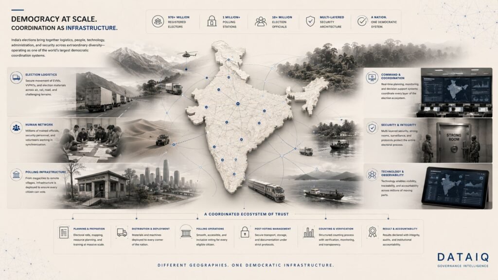 Editorial governance intelligence illustration showing India’s election coordination infrastructure including logistics networks, polling deployment, monitoring systems, transportation workflows, administrative coordination, and democratic infrastructure across diverse geographies.