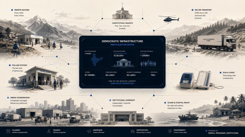 Editorial illustration visualizing India’s election infrastructure, polling systems, EVM logistics, institutional coordination, and democratic governance architecture operating across diverse regions.