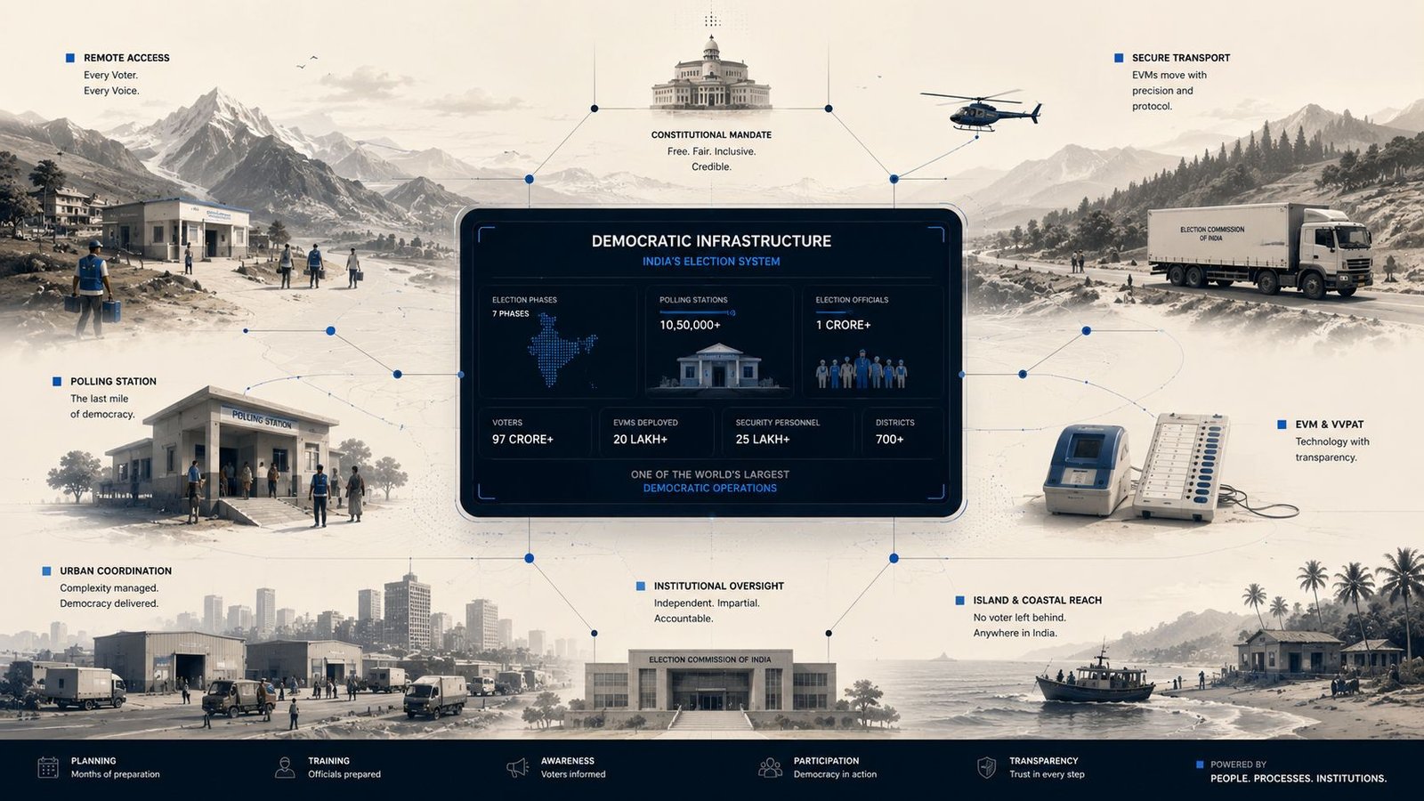 Editorial illustration visualizing India’s election infrastructure, polling systems, EVM logistics, institutional coordination, and democratic governance architecture operating across diverse regions.