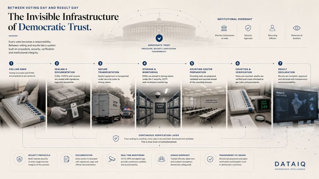 Editorial governance intelligence illustration showing India’s election workflow between voting day and result declaration including EVM sealing, transportation, storage, counting, verification, and institutional oversight systems.