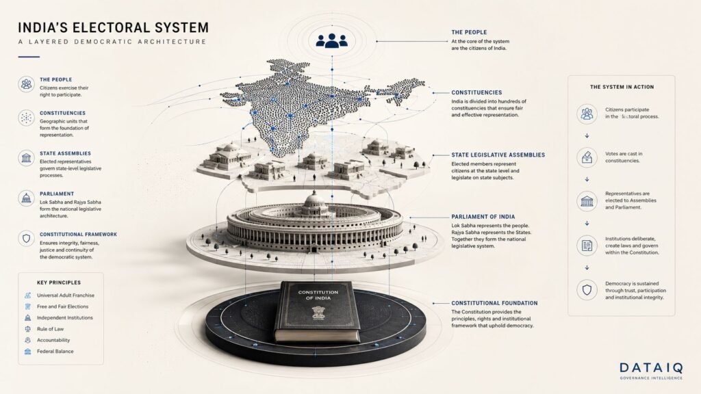Editorial illustration showing India’s electoral system architecture including constituencies, Parliament, state assemblies, constitutional foundations, and democratic governance infrastructure.