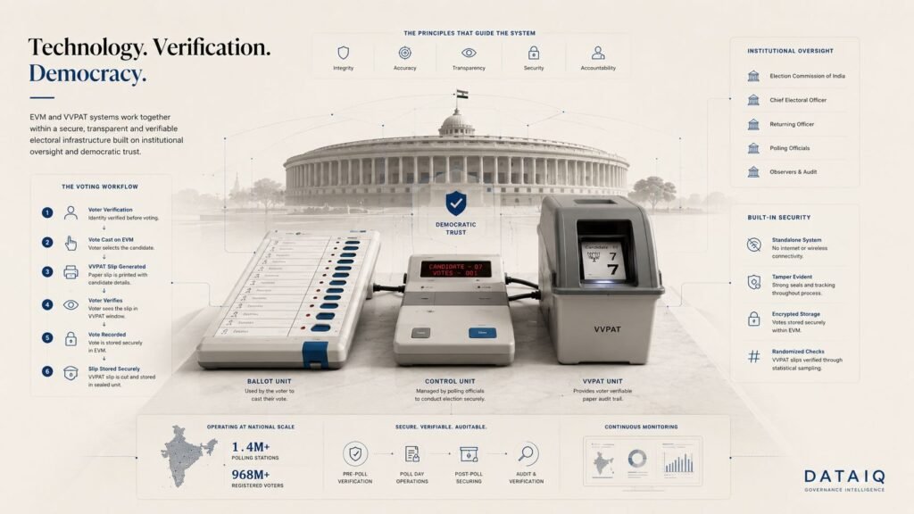 Editorial illustration showing India’s EVM and VVPAT infrastructure including voting workflows, election technology systems, democratic verification layers, institutional oversight, and public trust architecture.