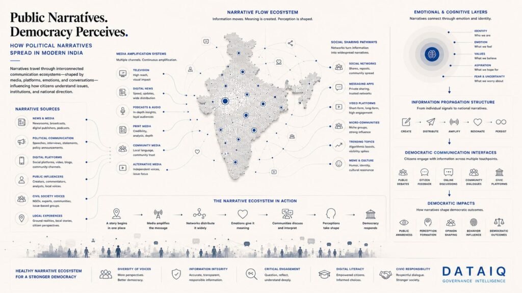 Institutional editorial infographic visualizing narrative flow ecosystems in India through media amplification systems, digital communication pathways, emotional narrative layers, and democratic participation infrastructures.